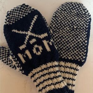 Navy and Cream Hand-Knit Wool Mittens Hockey Mom